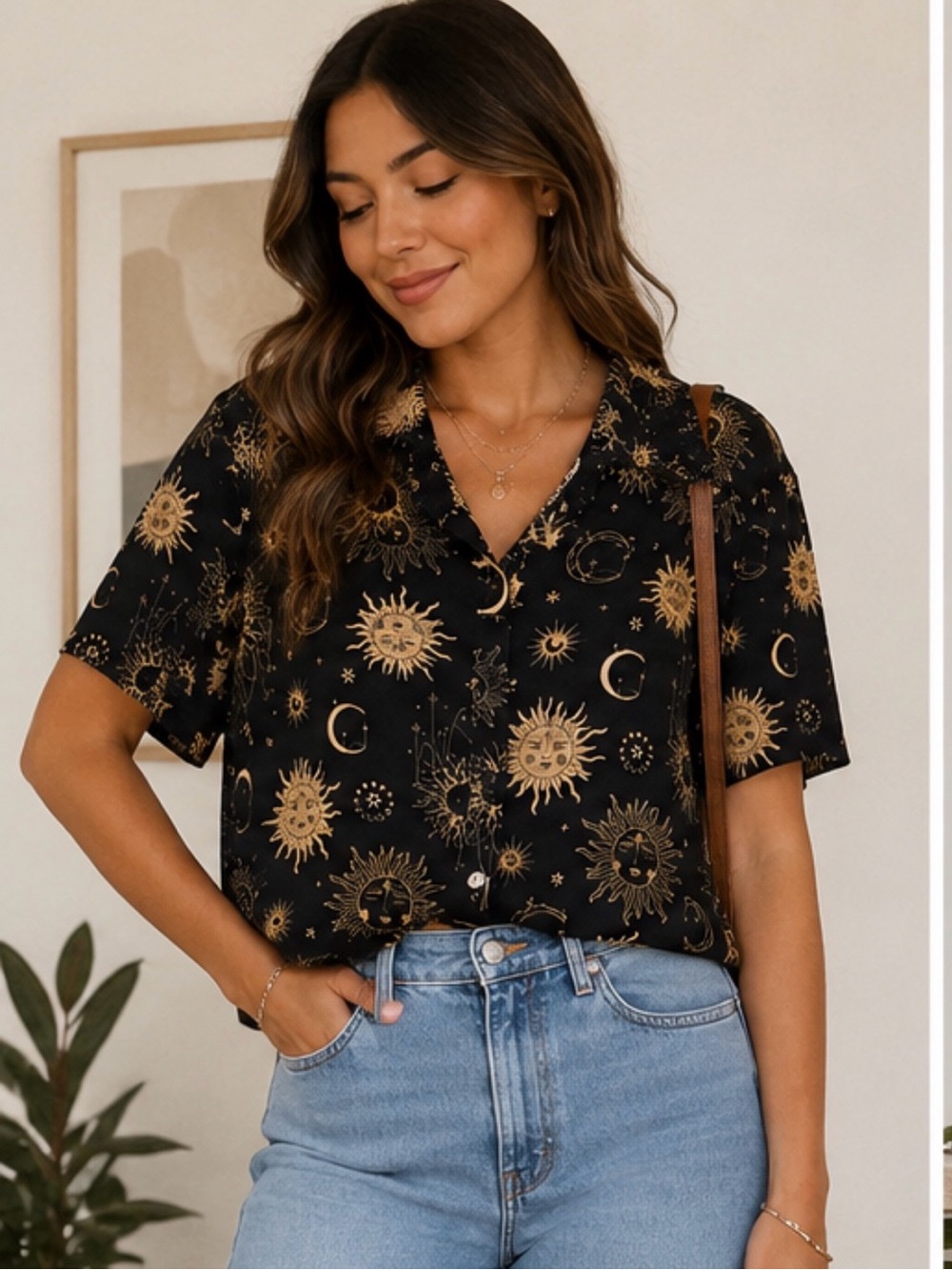 Cosmic Aura Black Sun & Moon Button-Up Shirt